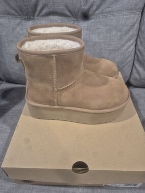 UGG Chestnut Suede Platform Short Shearling Boots